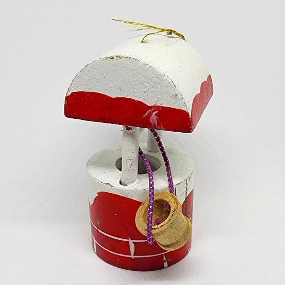 Christmas Vintage Red White Wishing Well Bucket Wood Holiday Ornament - Picture 4 of 9